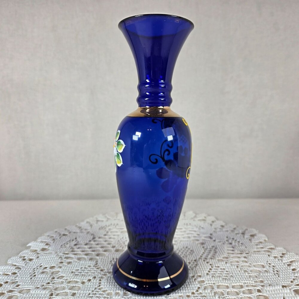 Bohemian Czech Cobalt Blue Vase 24k Gold Gilt & Hand Enameled Floral Design - Picture 2 of 6